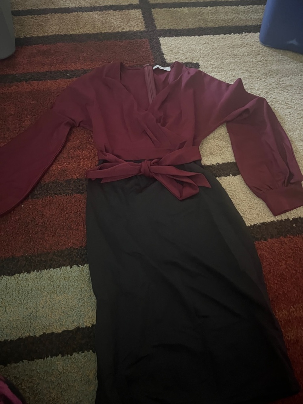 Women's Burgundy Wrap Top Black Pencil Skirt Dress